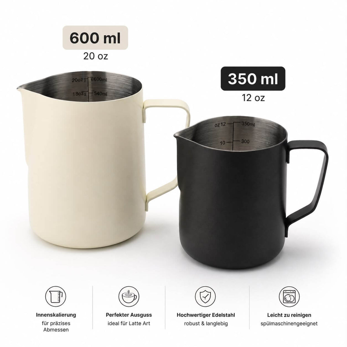 Barista Milchkännchen 350 ml / 600 ml – Weiß / Schwarz / Edelstahl